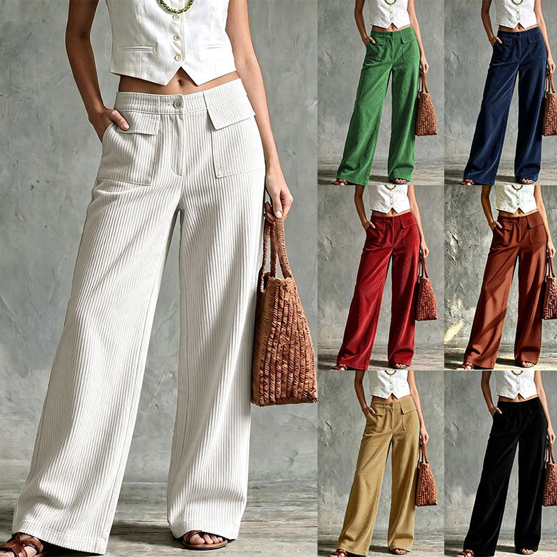 Women's Wide Cord Palazzo Pants with High Waist and Flap Pockets Mune Fashion