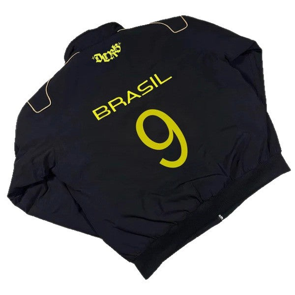 Unisex nan sporty retro training jacket with stand collar zipper chest emblem and Brazil lettering Mune Fashion