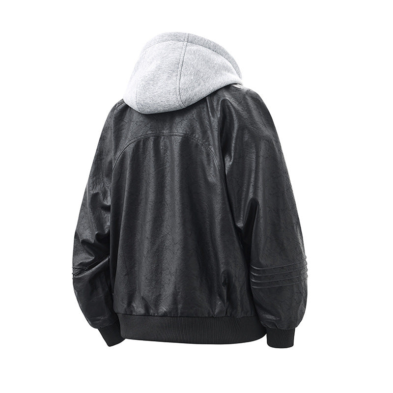 Unisex Wide Cut Faux Leather Bomber Jacket with Contrast Hood and Ribbed Cuffs Mune Fashion