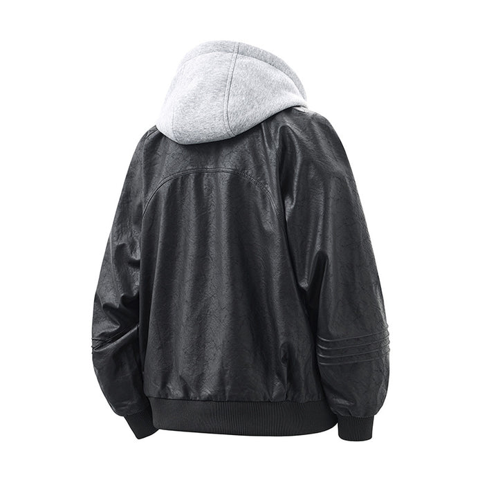 Unisex Wide Cut Faux Leather Bomber Jacket with Contrast Hood and Ribbed Cuffs Mune Fashion