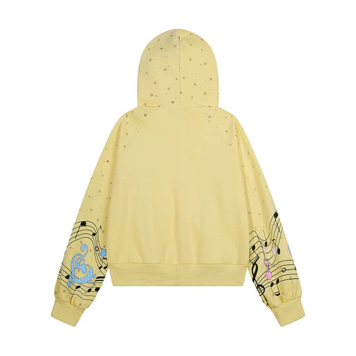 Women's Hooded Sweat Jacket with Front Zipper, Musical Print and Star Design Mune Fashion