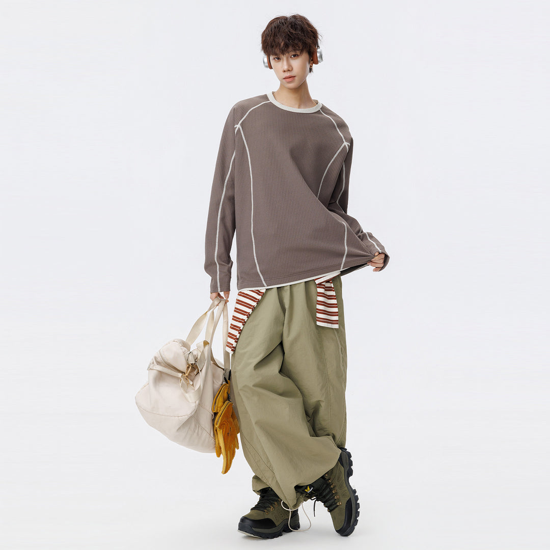 Men's waffle structure long sleeve shirt in oversized cut with contrast flatlock seams and round neckline Drune