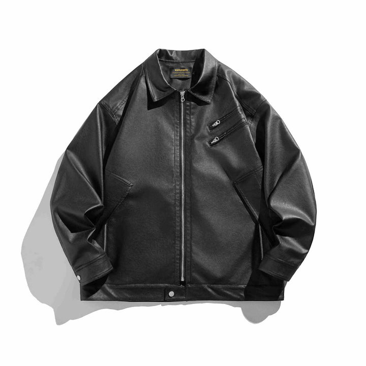 Men's short-cut boxy faux leather jacket with high collar and zipper chest pockets Mune Fashion
