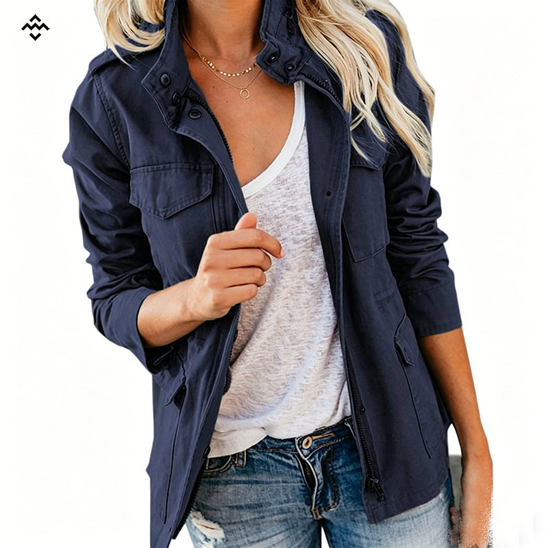 Women's lightweight field jacket in utility style with standing collar and multiple pockets Mune Fashion