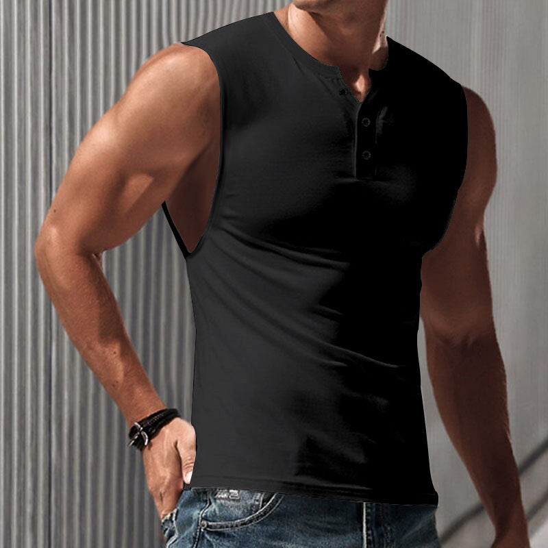 Men's sleeveless muscle shirt with Henley button placket, deep armhole, and elastic cotton blend Mune Fashion