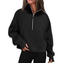 Ladies oversized short pullover with stand-up collar, half zipper and kangaroo pocket Mune Fashion