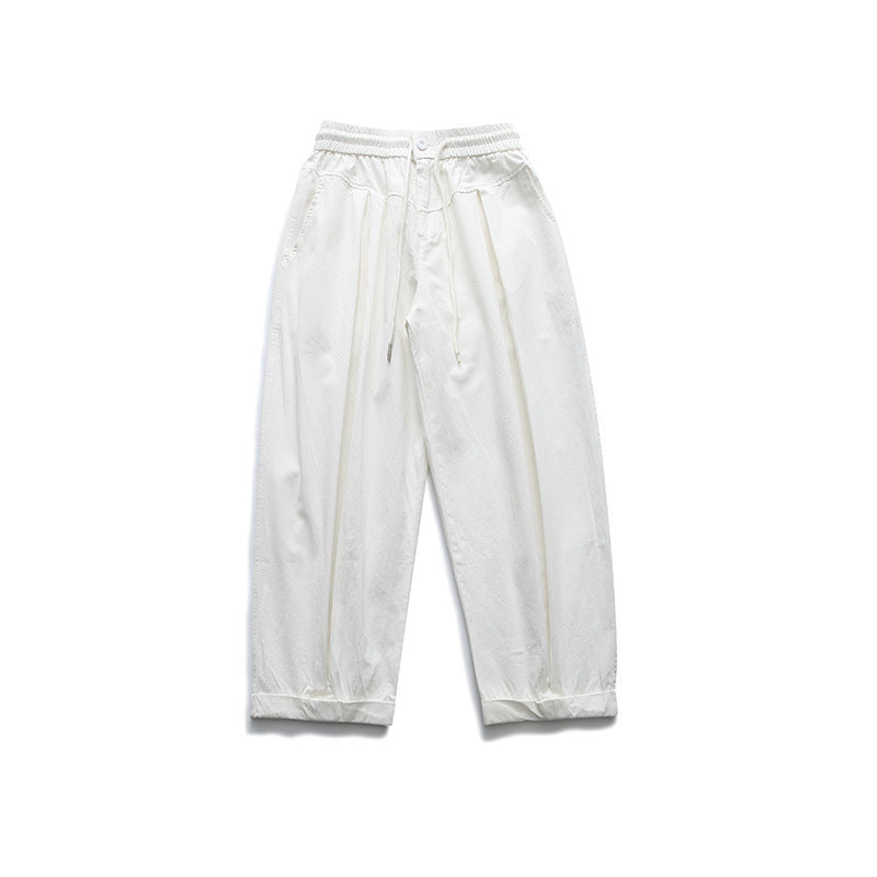 Women Wide High-Waist Pleated Pants with Elastic Drawstring and Cuffed Hem Mune Fashion