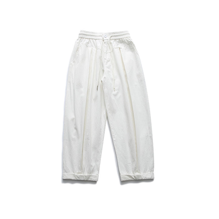 Women Wide High-Waist Pleated Pants with Elastic Drawstring and Cuffed Hem Mune Fashion