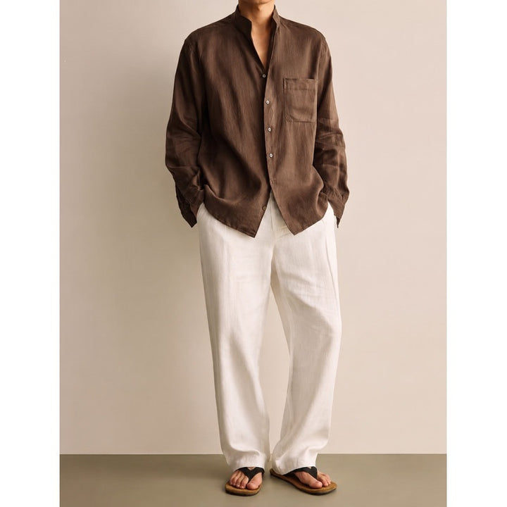 Men's Lightweight Linen Shirt with Stand-Up Collar and Chest Pocket Mune Fashion
