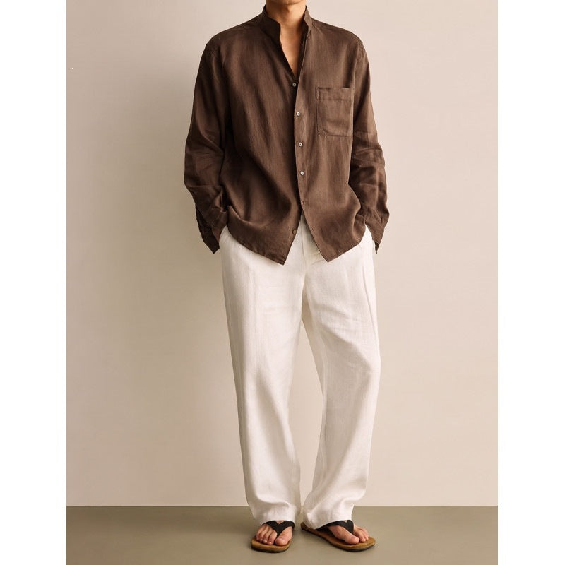 Men's Lightweight Linen Shirt with Stand-Up Collar and Chest Pocket Mune Fashion