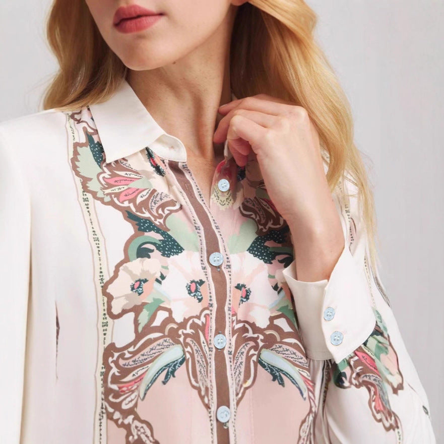 Women Patterned Silk Look Blouse with Balloon Sleeves Mune Fashion