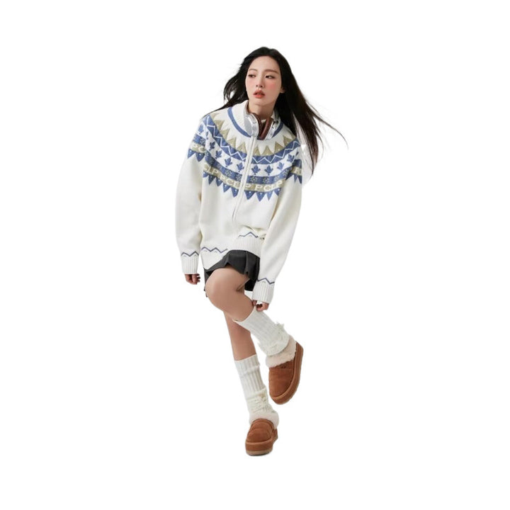 Women Casual Knit Zip Jacket with Jacquard Yoke and Ribbed Cuffs Mune Fashion