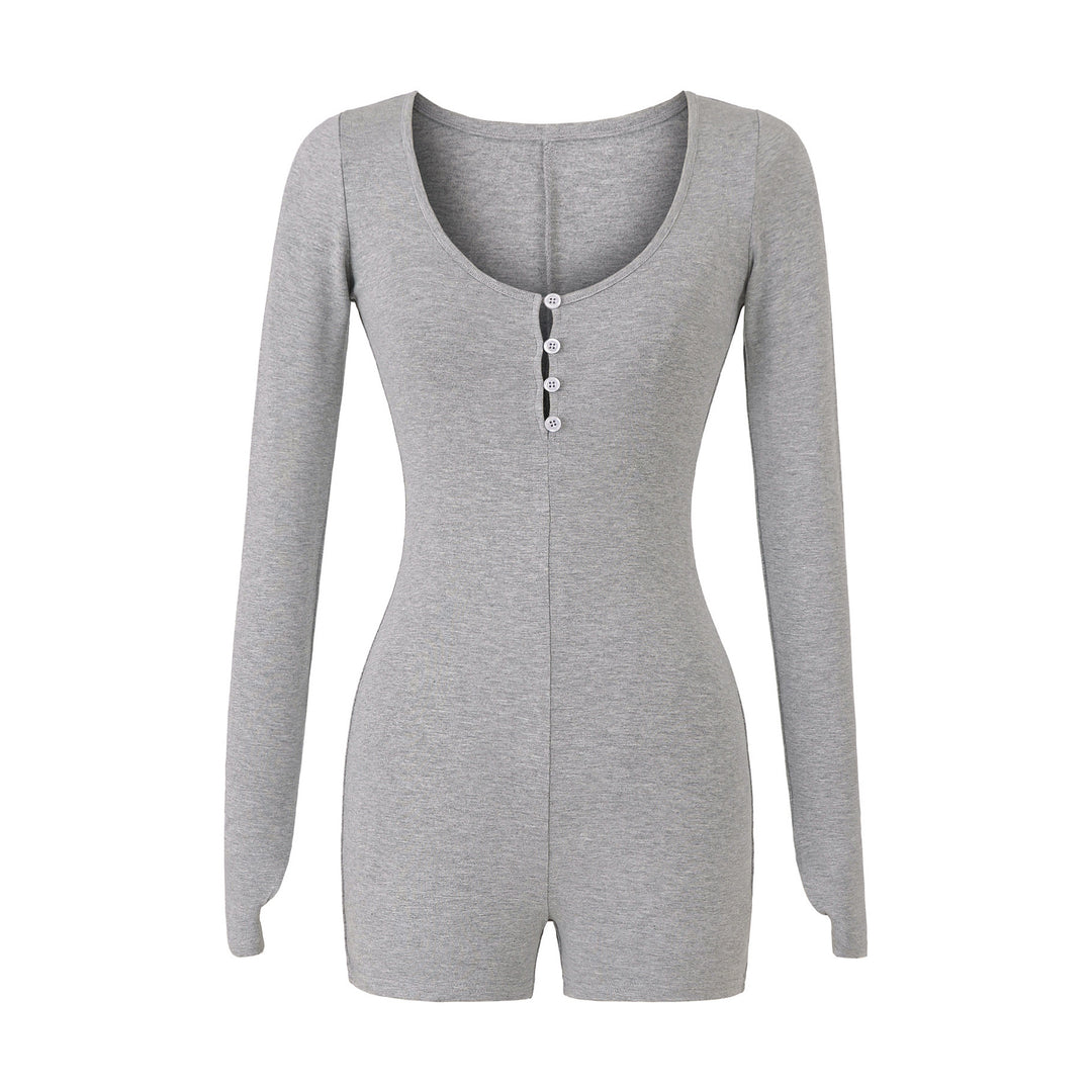 Women Fitted Long Sleeve Bodysuit with Button Placket and Short Shorts Mune Fashion