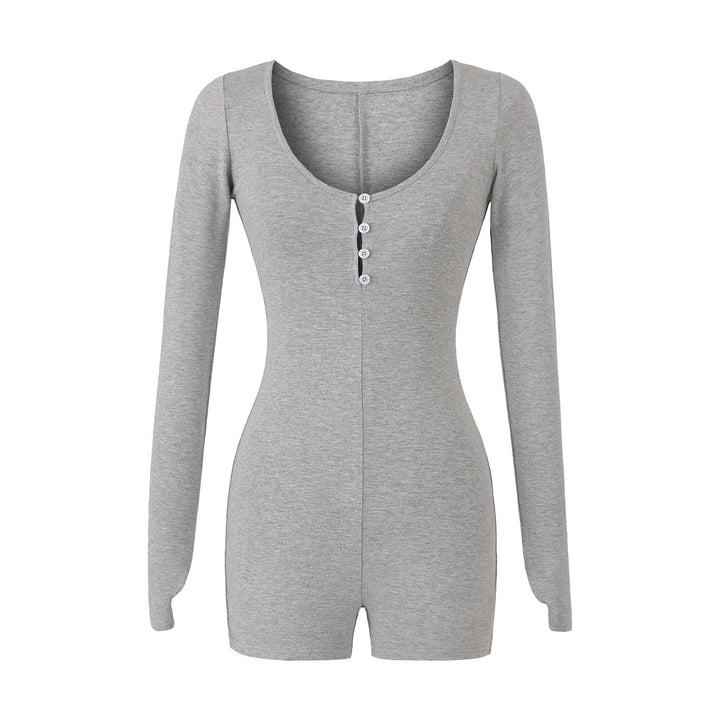 Women Fitted Long Sleeve Bodysuit with Button Placket and Short Shorts Mune Fashion