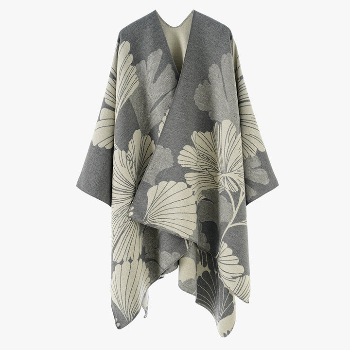 Women's Reversible Jacquard Cover-up with Large Leaf Patterns and Asymmetrical Pointed Hem