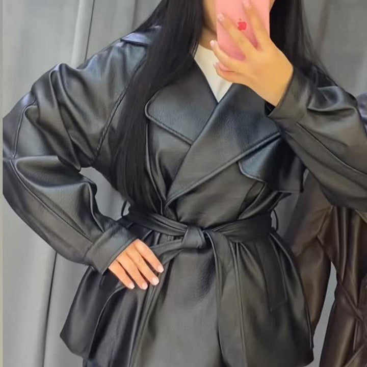 Women's Short Faux Leather Wrap Jacket with Waist Belt and Oversized Lapel Mune Fashion