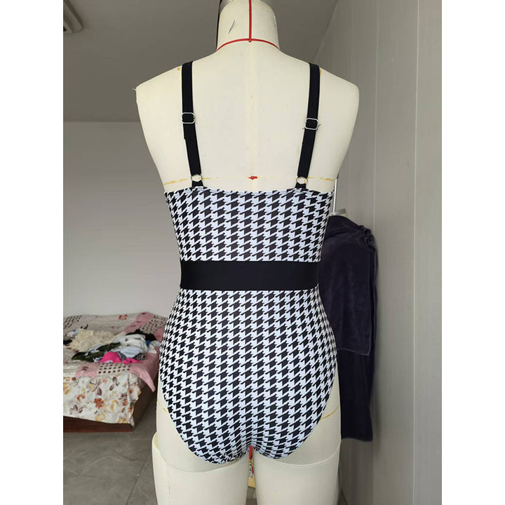 Women’s One-Piece Swimsuit with Chic Checkered Pattern and Golden Ring Accents Mune Fashion