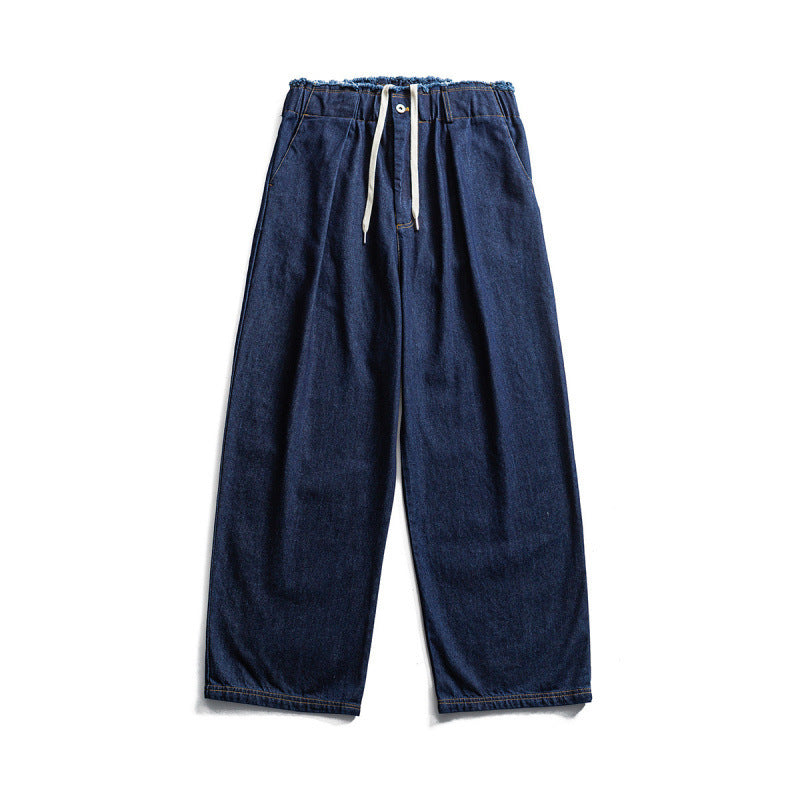 Unisex Wide Denim Pants with Elastic Waistband, Drawstring and Pleated Mune Fashion