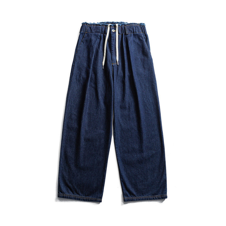 Unisex Wide Denim Pants with Elastic Waistband, Drawstring and Pleated Mune Fashion