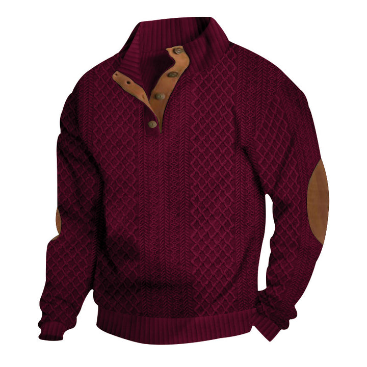 Men's chunky knitted sweater with shawl collar, button placket, and elbow patches Mune Fashion