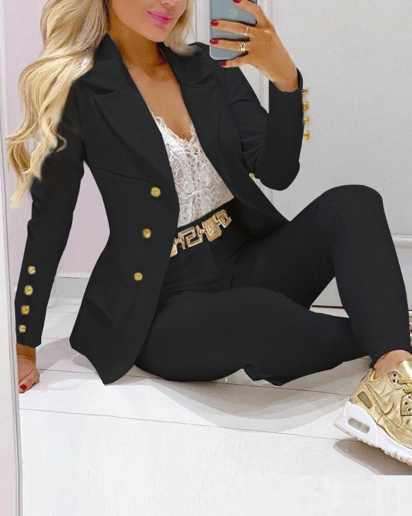 Women Tailored Two-Piece Blazer with Gold Buttons and Slim-Fit Pants Mune Fashion