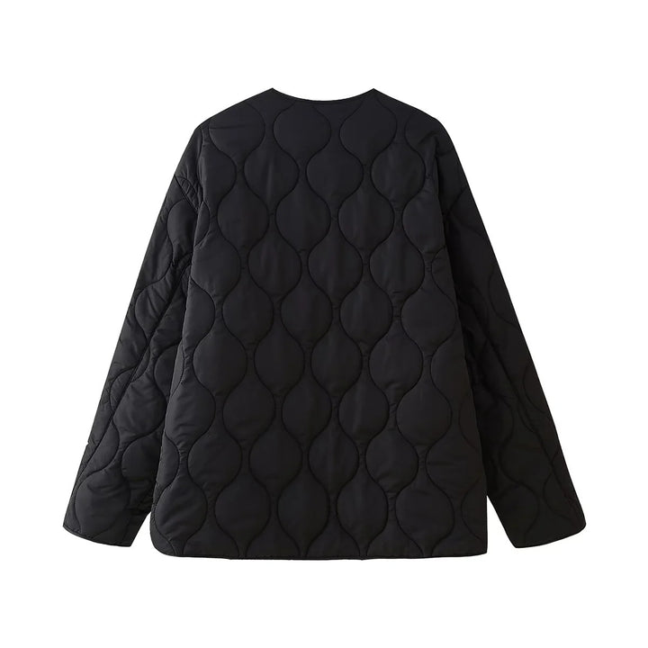 Women geometric quilted oversized liner jacket without collar Mune Fashion