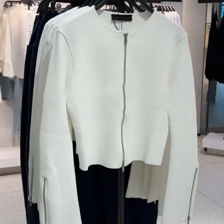 Ladies Tailored Cropped Cardigan with Full Metal Zipper and Extended Cuff Zippers Mune Fashion
