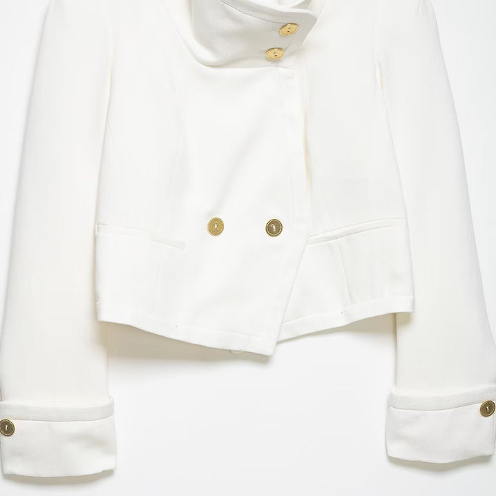 Women's Cropped Blazer with High Stand Collar, Double-Breasted Button Placket and Decorative Cuffs Mune Fashion