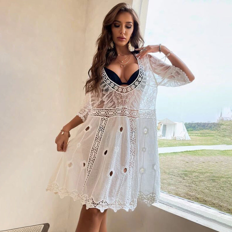 Women's crocheted beach cover-up with decorative cutouts Mune Fashion
