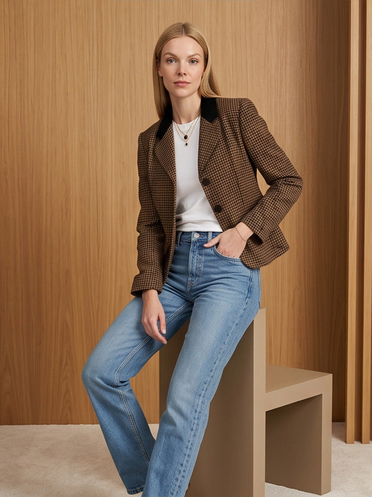 Women Tailored Houndstooth Blazer with Velvet Collar and Two-Button Placket Mune Fashion