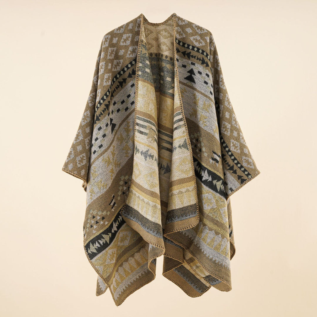 Women's coarse woven ethnic poncho with fringes Mune Fashion