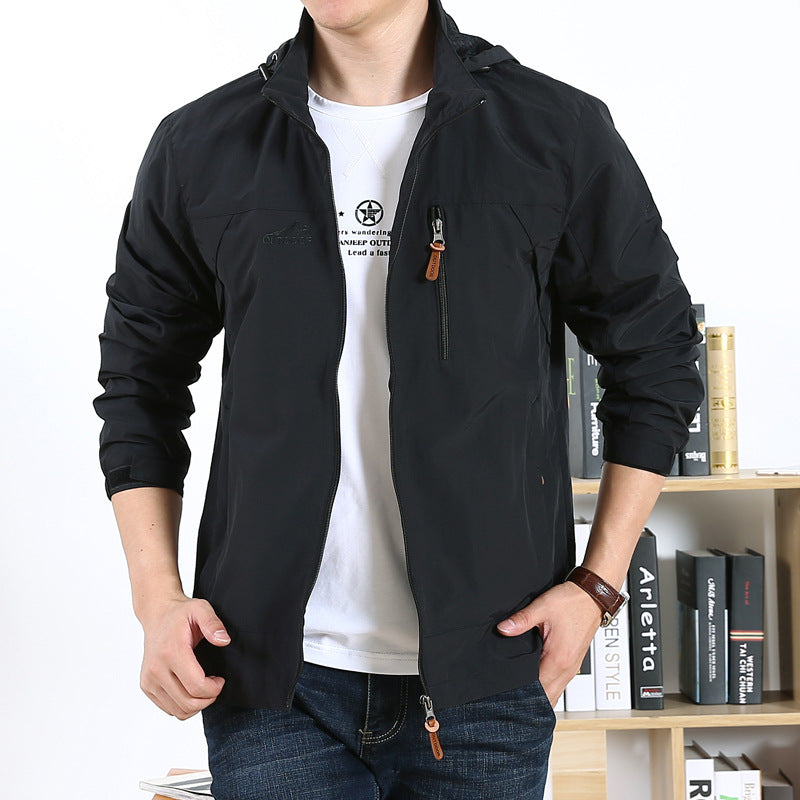 Men's Lightweight Hooded Windbreaker with Chest Zipper and Elastic Cuffs