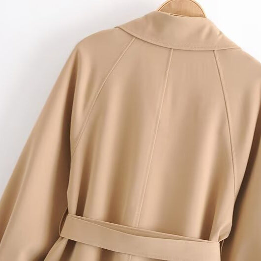 Women Short Tailored Trench Coat with Tied Belt, Asymmetrical Storm Flap and Cuff Strap Mune Fashion