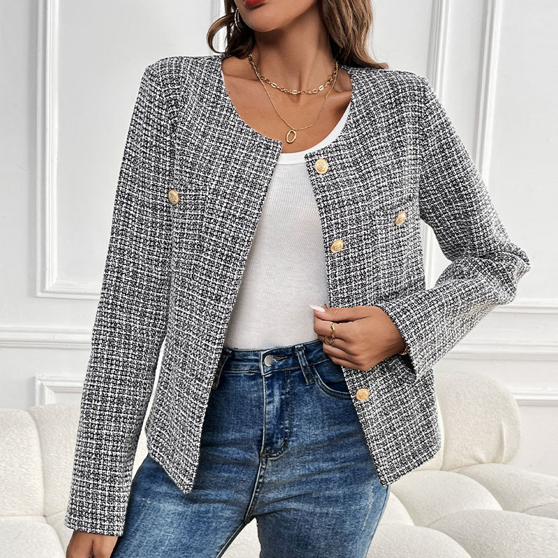 Women's Boucle Tweed Blazer with Round Neckline, Gold Decorative Buttons and Boxy Silhouette Mune Fashion