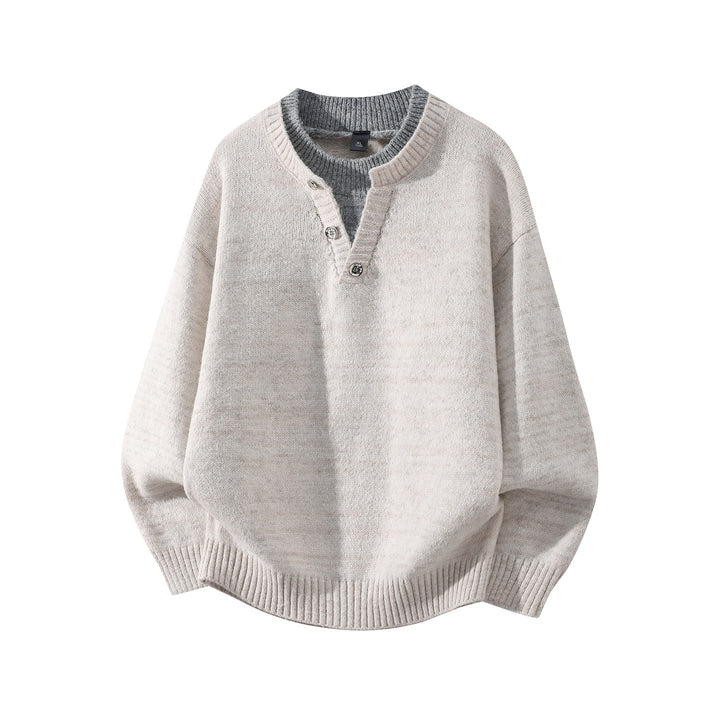 Women’s Oversized Knit Sweater with Henley Half Button Collar and Ribbed Hem Mune Fashion
