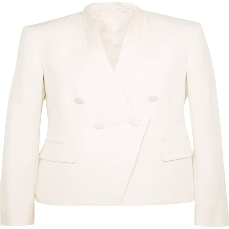 Women's Couture Double-Breasted Blazer with Minimalistic Shawl Collar and Concealed Fabric Buttons Mune Fashion