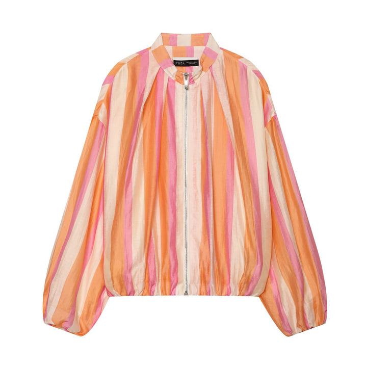Women Cropped Oversize Bomber Jacket with Stand-Up Collar and Balloon Sleeves Mune Fashion