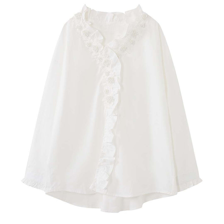Women Oversize Blouse with Ruffle Trim and Lace Trim Mune Fashion