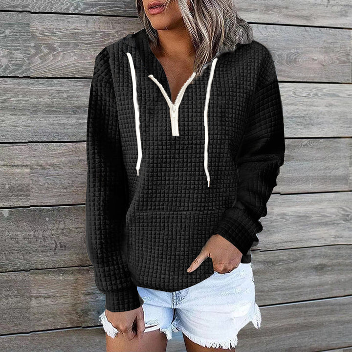 Women's waffle texture hoodie with half zip, kangaroo pocket, and casual oversized cut Mune Fashion