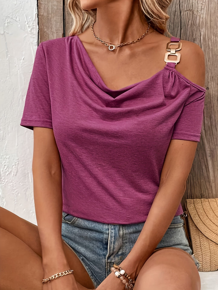 Ladies' asymmetrical shoulder top with draped waterfall neckline and decorative square metal buckle Mune Fashion