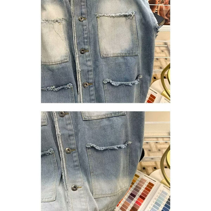 Men's Sleeveless Denim Vest in Vintage Used Look with Frayed Hem and Ombre Fading Mune Fashion