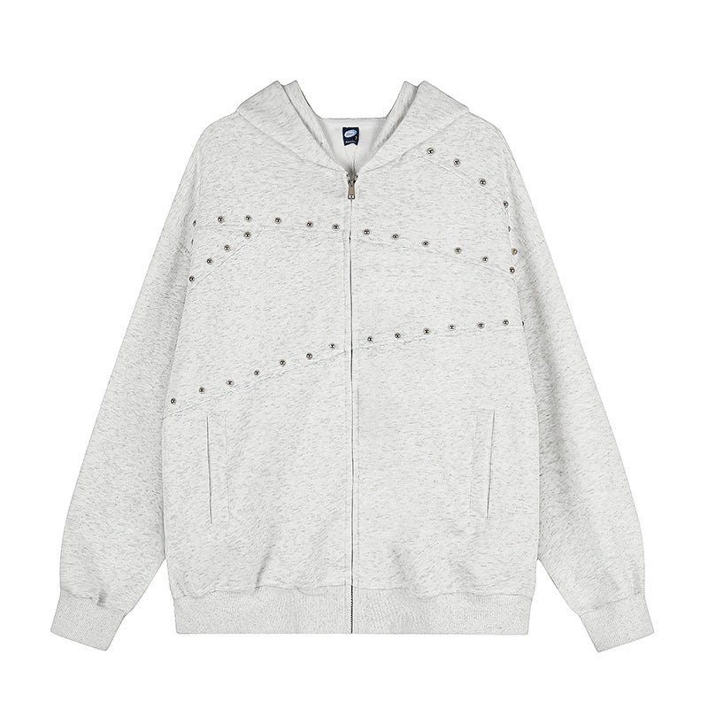 Women's oversized hoodie sweatshirt jacket in used look with stud decoration and full-length zipper Mune Fashion