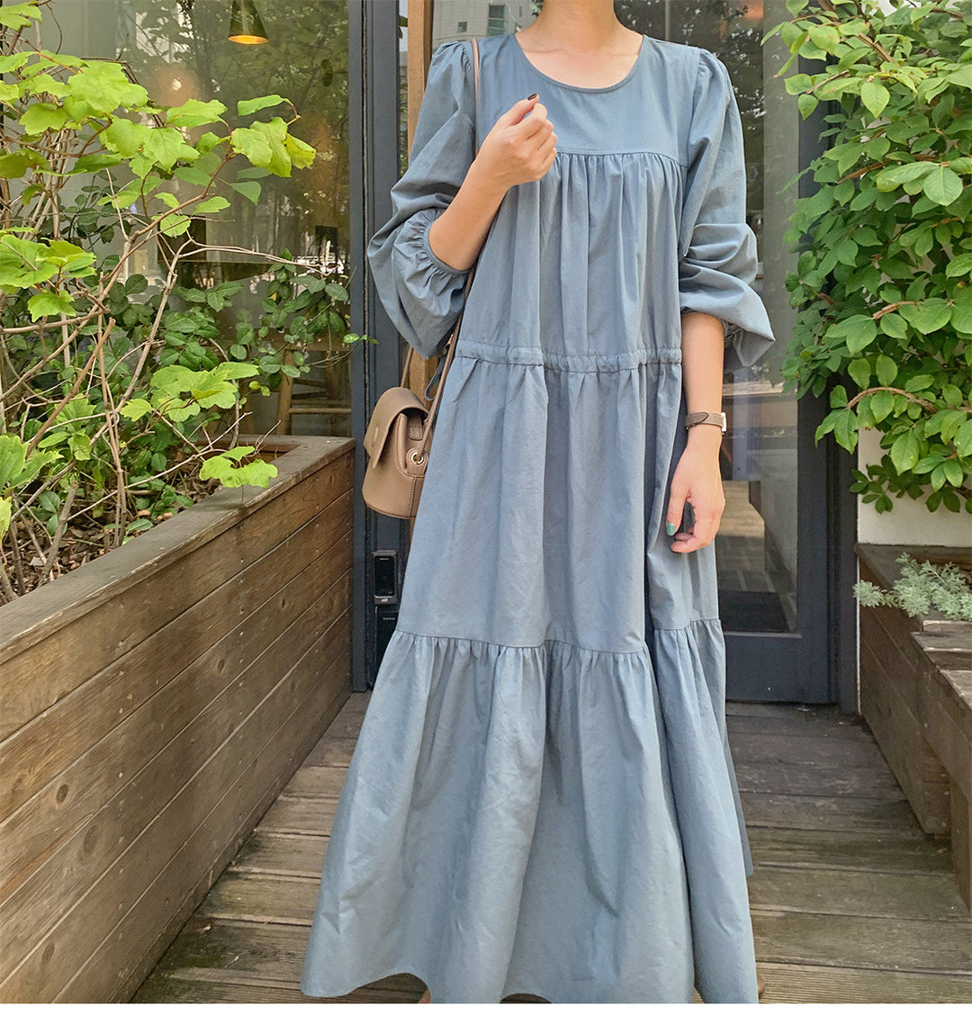 Women's Long Tiered Dress with Balloon Sleeves and Drawstring Mune Fashion