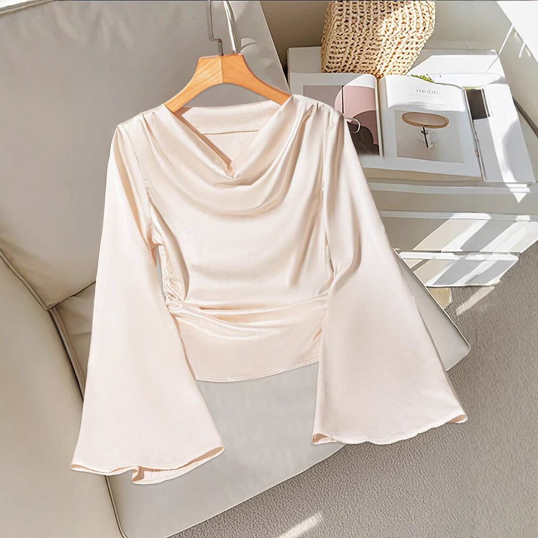 Women Draped Satin Top with Waterfall Collar & Ruffle Sleeves Mune Fashion