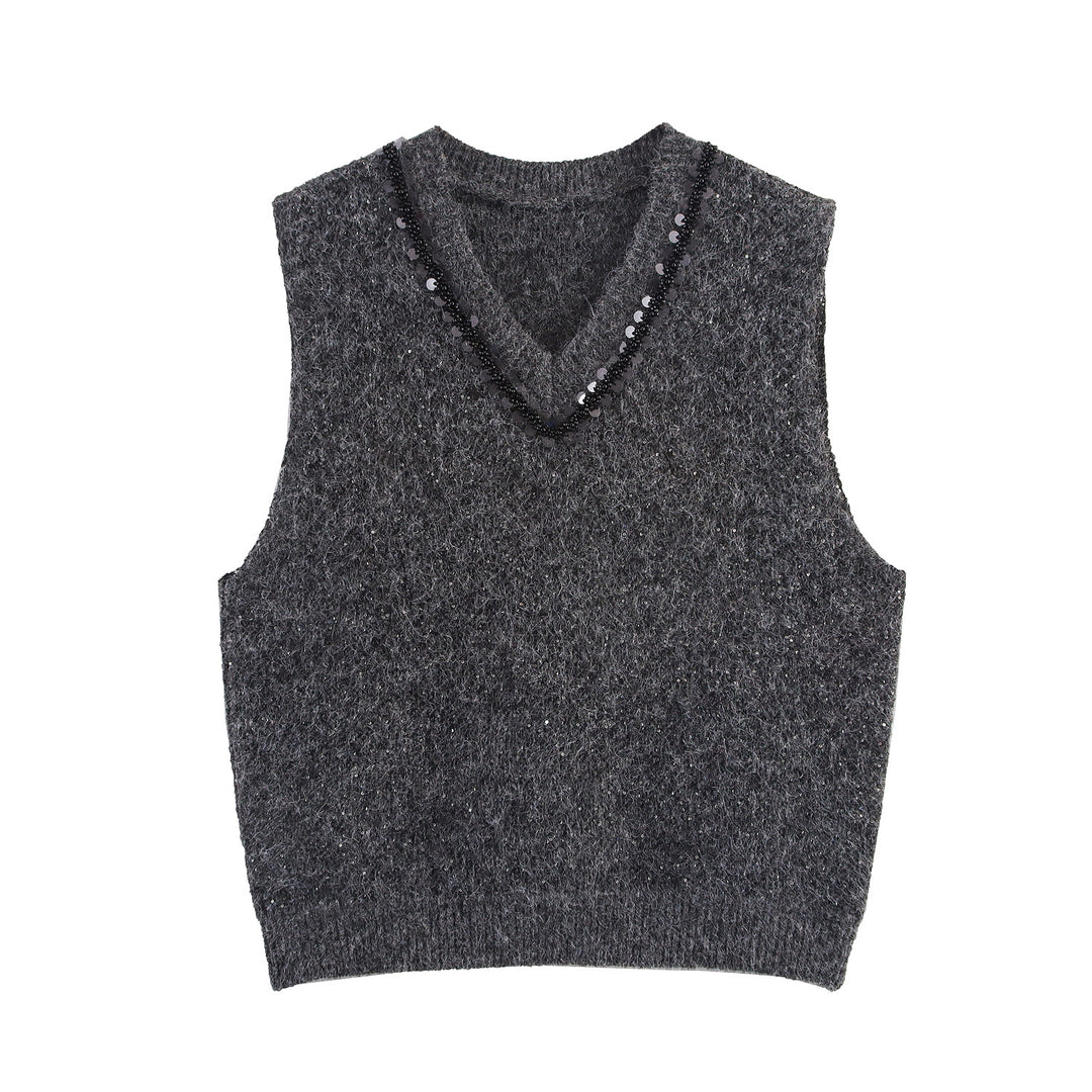 Women's Sleeveless Mohair-Look Knitted Vest with V-Neck and Decorative Sequins Mune Fashion