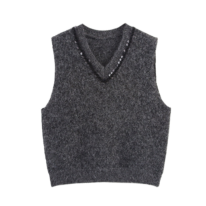 Women's Sleeveless Mohair-Look Knitted Vest with V-Neck and Decorative Sequins Mune Fashion