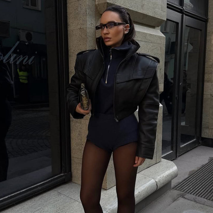 Women Short Vegan Leather Jacket with Distinctive Shoulder Structure and Cropped Cut Mune Fashion