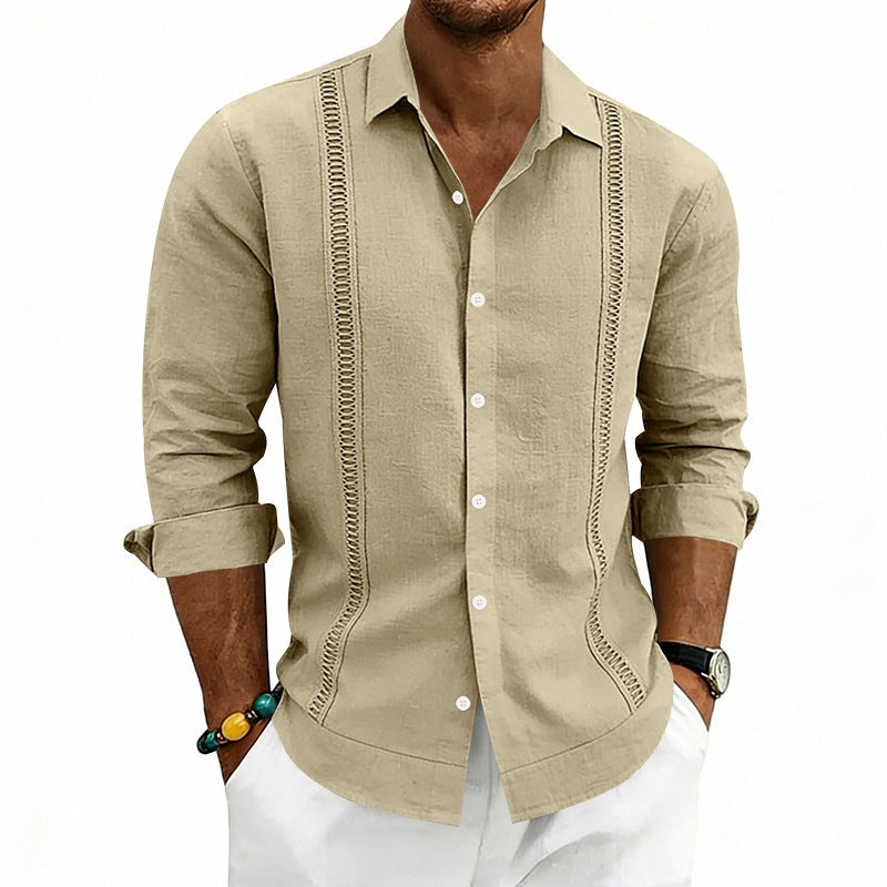 Men's Lightweight Cotton Long Sleeve Shirt with Decorative Stitches and Kent Collar Mune Fashion