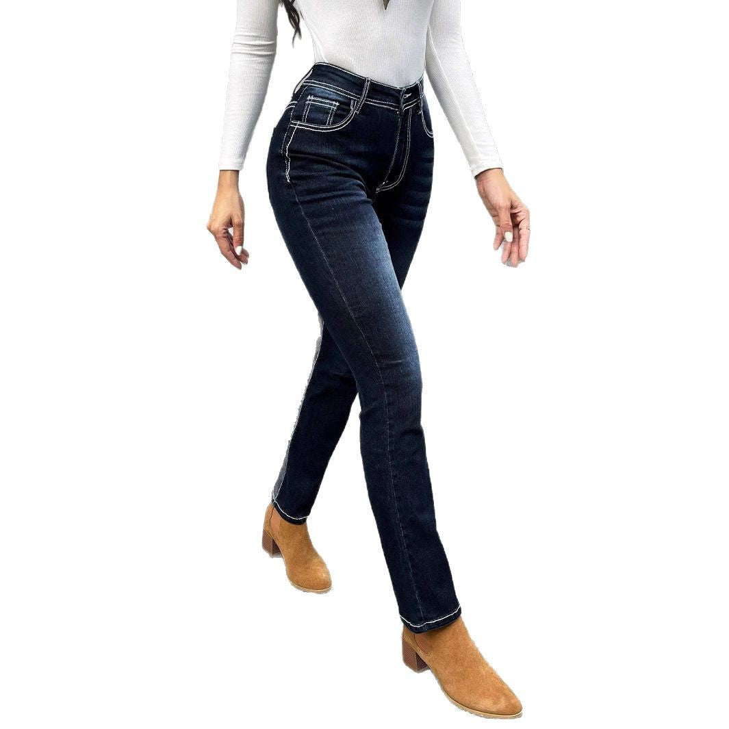 Women High-waisted slim fit Straight Jeans with contrast seams and slight flare Mune Fashion
