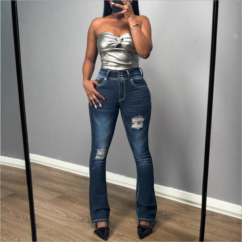 Women's Shaping High-Waist Bootcut Jeans with Triple Button Placket and Subtle Destroyed Look Mune Fashion